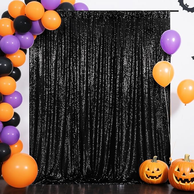 Eternal Beauty Black Sequin Backdrop, 8x10 Ft Halloween Glitter Background Cu...