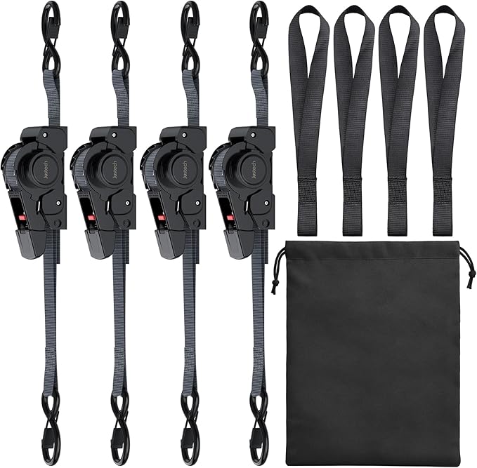 Justech 4 Pack Retractable Ratchet Straps, 1 in x 11.6 ft-1411 lbs Break