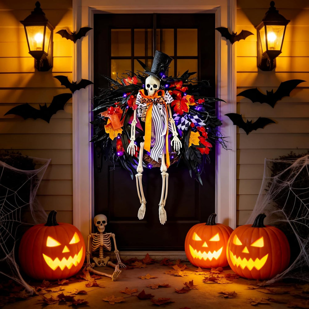 HipTree 28 Inch Halloween Skeleton Wreath for Front Door with Lights