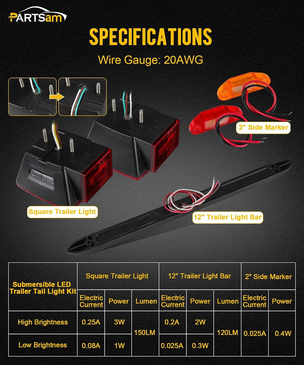 Partsam Submersible LED Trailer Tail Light Kit, Square Trailer Lights+Light B...