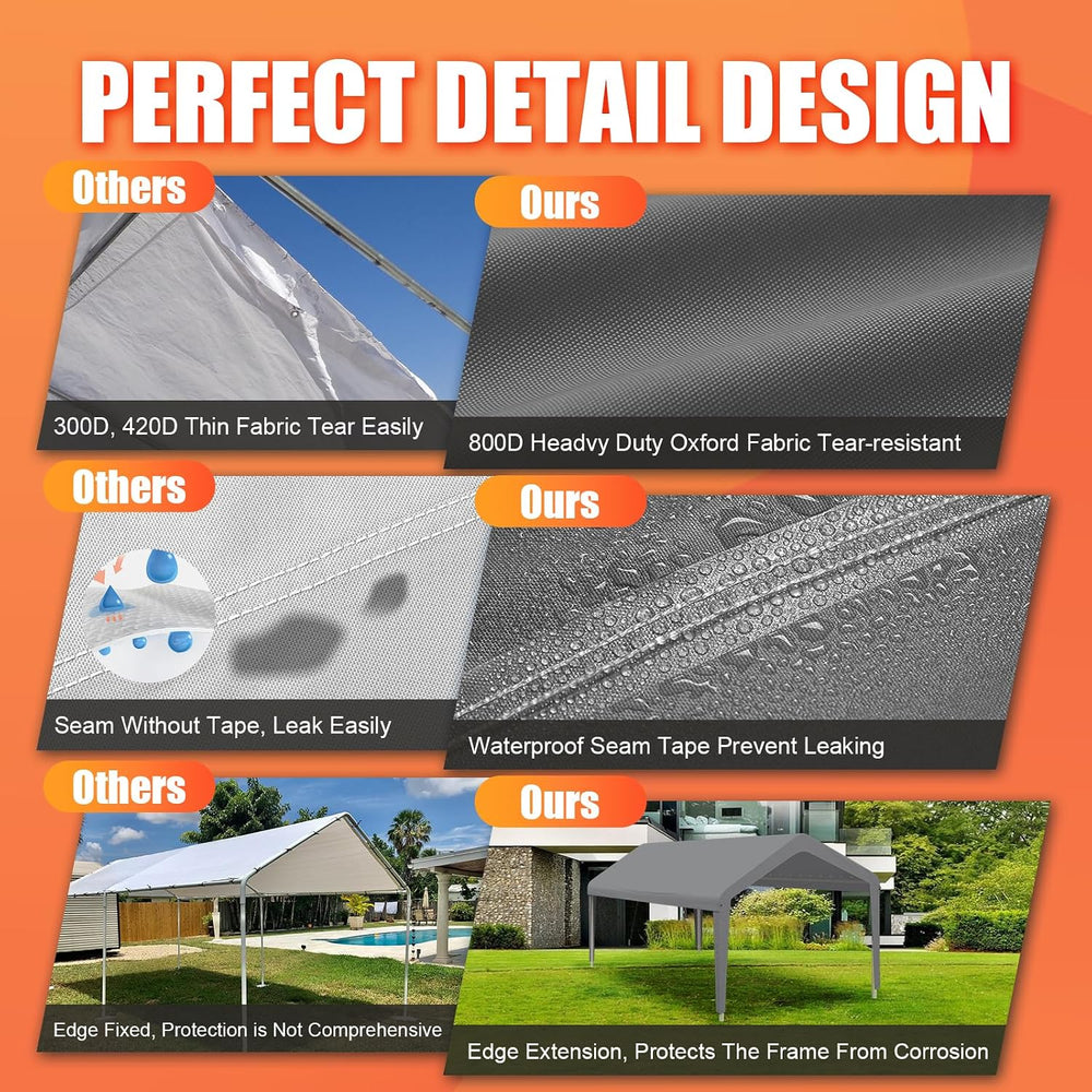 10x20 Carport Canopy Replacement Cover, Outdoor Car Shelter Trap Only, Gray