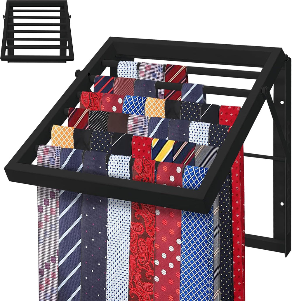 Tie Rack Wall Mounted, Adjustable Angle Tie Organizer for 60 Ties & Scarves