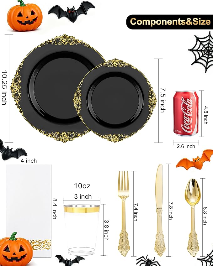Nervure 350PCS Black Plastic Plates - Black Plastic Dinnerware Sets for 50 Gu...