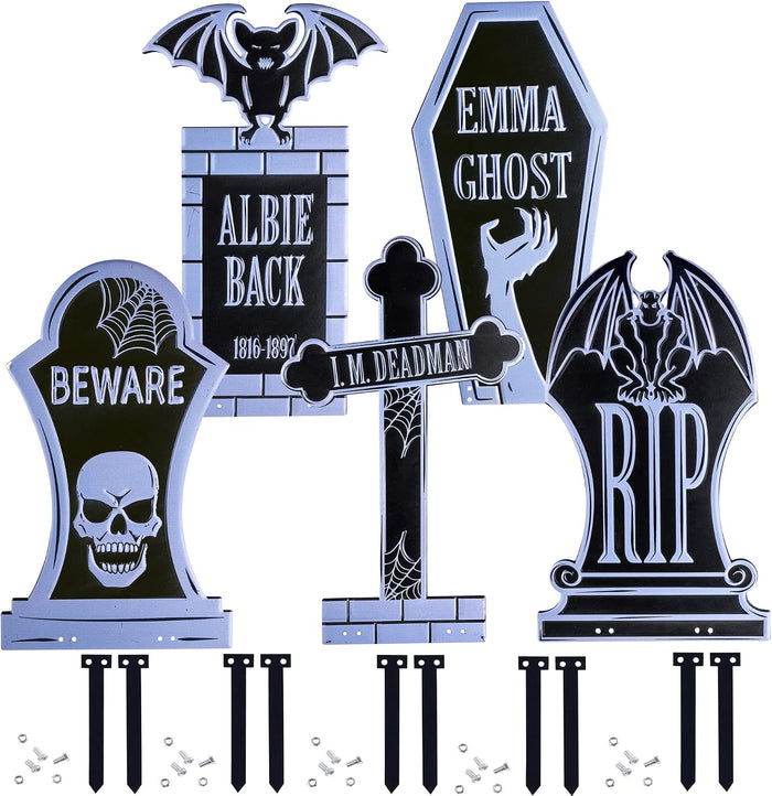 3-D Metal Halloween Ghost Cemetery 17" Tombstones - Full Set of 5 w Stakes