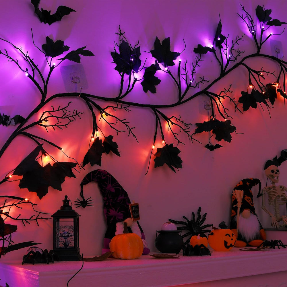 9 FT 72 LED Willow Vine Twig Decor Black Halloween Garland with Orange & ...
