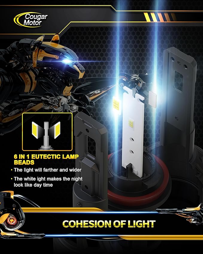 Cougar Motor 9005 H11 Bulbs, HB3 H8 H9 Fog Lights Combo 6500K White (2 Sets, ...