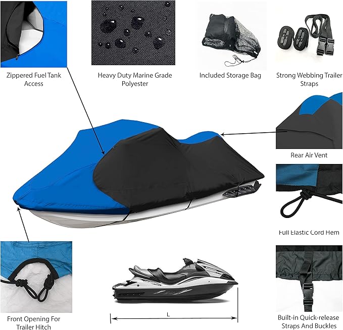 Trailerable Jet Ski Cover, Waterproof Marine Grade 600D Heavy Duty Polyester