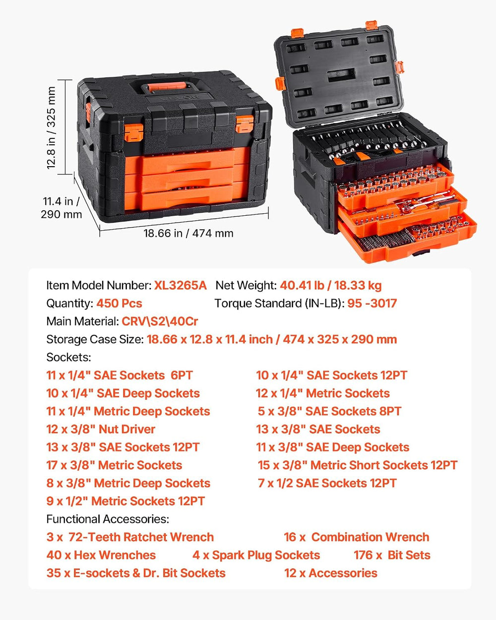 VEVOR Mechanics Tool Set and Socket Set, 450 PCS, 1/4" 3/8" 1/2&quo...