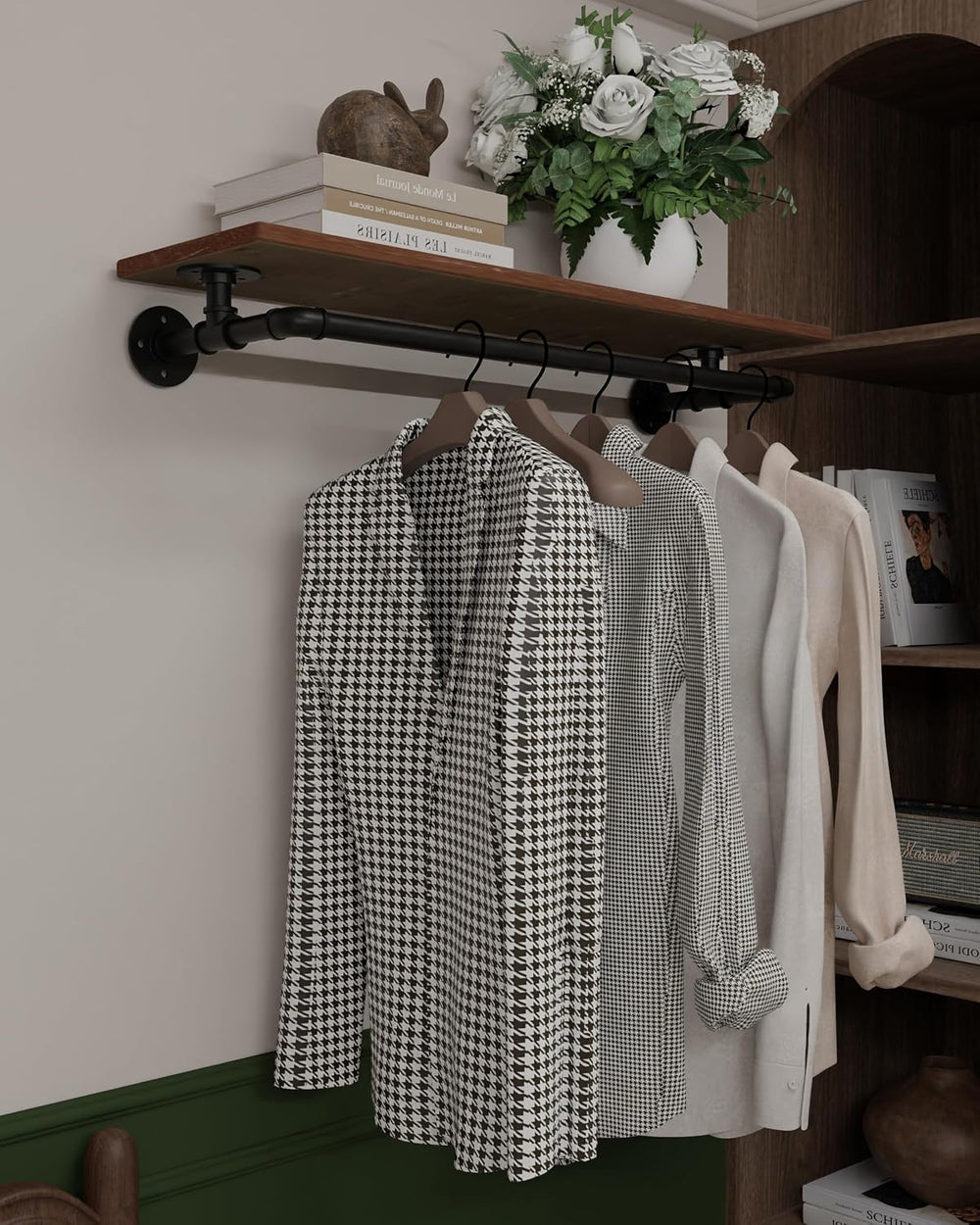 Clothes Rack 36in, Wall Mounted Garment Rack with Real Wood Shelf, Heavy Duty...
