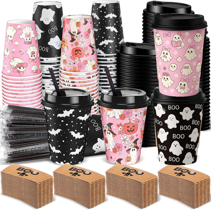 Lallisa 100 Sets 12 oz Halloween Disposable Coffee Cups with Lids and Sleeves Straws, Hot Coffee Paper Cups for holiday Party Drinks Supplies(Cute Ghost)