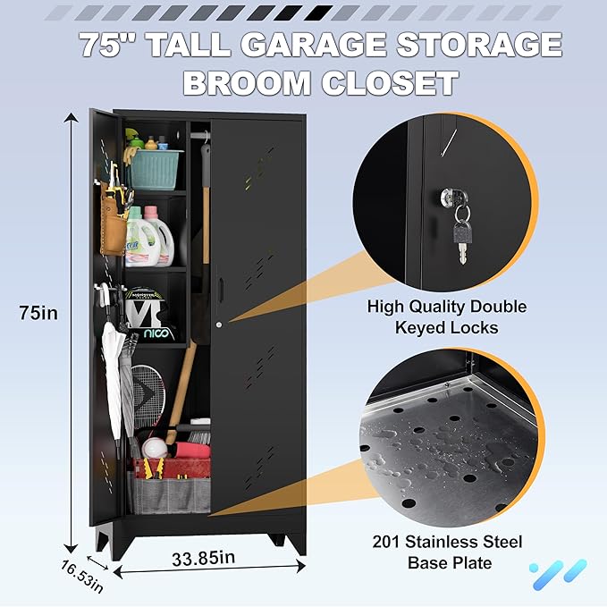 Metal Garage Storage Cabinet, 75” Cleaning Tool Cabinet