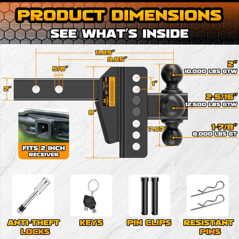 Adjustable Trailer Hitch - Drop Hitch Fit 2" Receiver -6" Drop/Rise