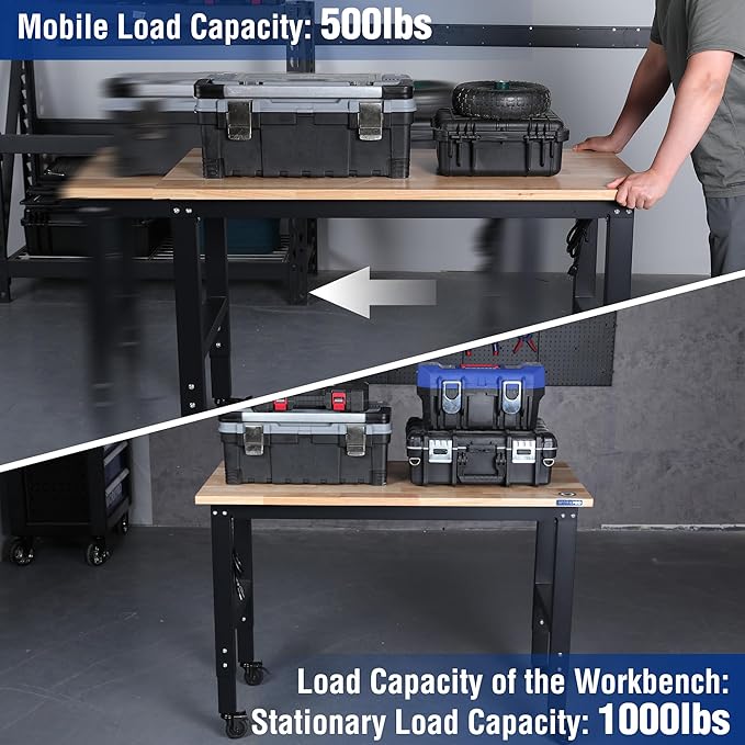 WORKPRO Garage Workbench, Rubber Wood Top Work Desk