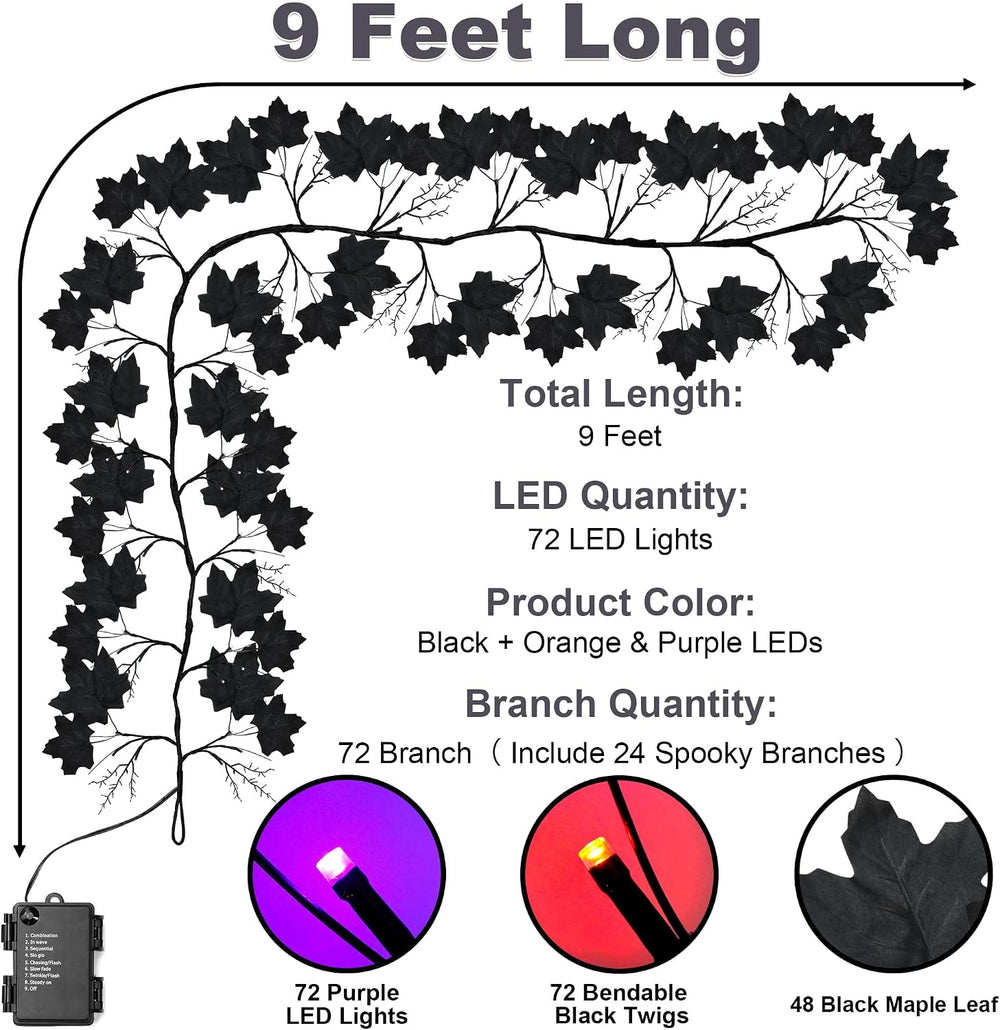 9 FT 72 LED Willow Vine Twig Decor Black Halloween Garland with Orange & ...