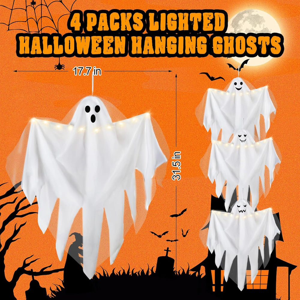 4 Pack Light up Hanging Ghosts Halloween Outdoor Yard Tree Party Decoration