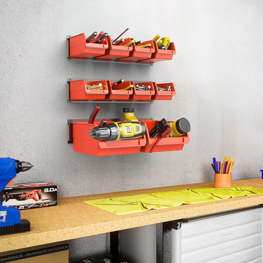 WALMANN Wall Mount Storage Bins for Small Parts, 10 Bins with 3 Metal Rails
