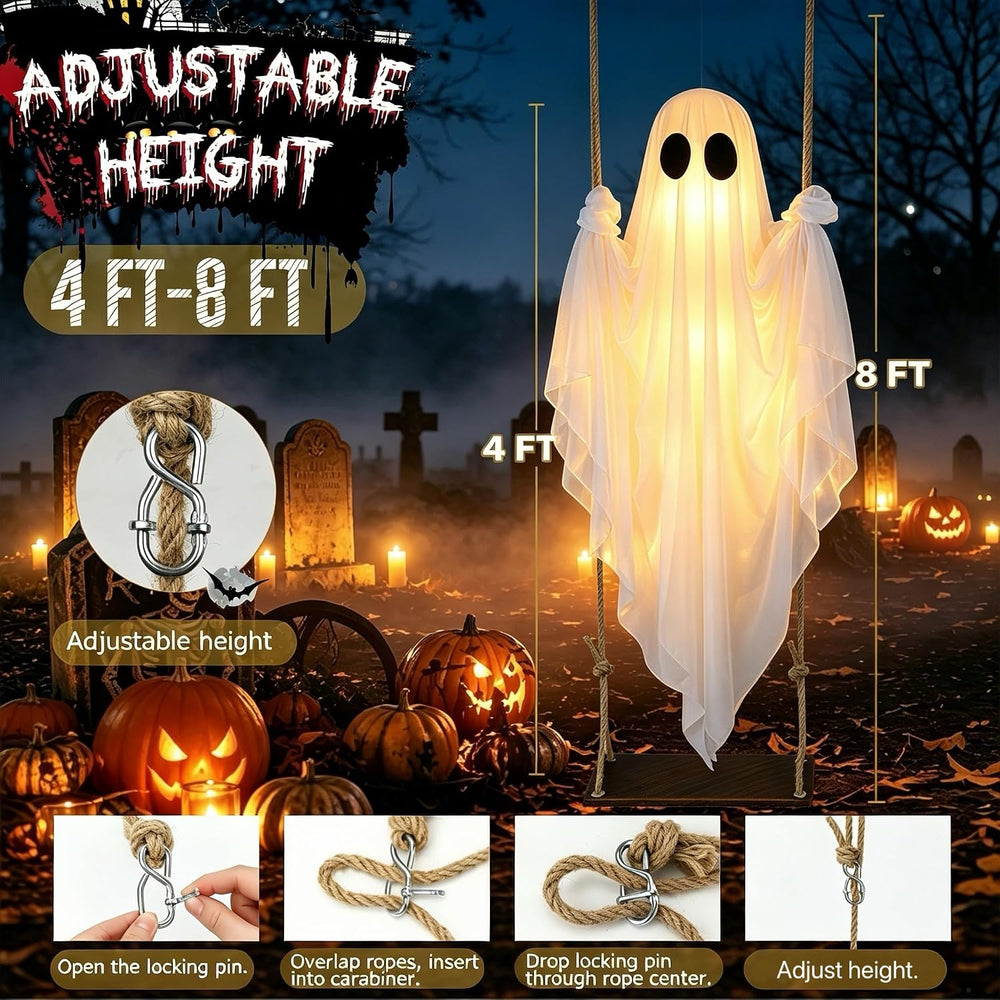 Halloween Decorations Outdoor – Hanging Swing Ghost 4-8FT, Remote Light Up