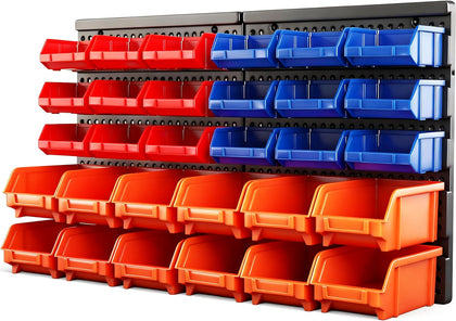 HORUSDY Wall Mounted Storage Bins Parts Rack 30PC Organizer Garage Plastic Shop Tool for Men's Gift, Blue,Orange,Red