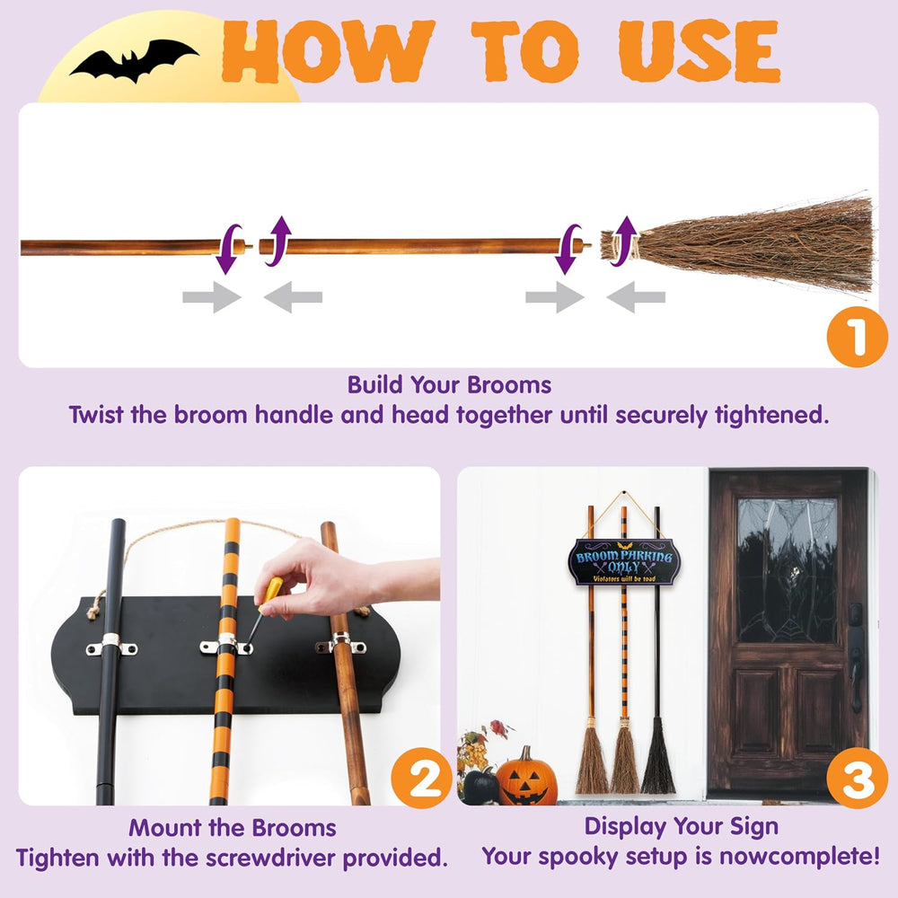 JOYIN Halloween Broom Parking Sign with 3pcs Wooden Witches Brooms, Halloween...