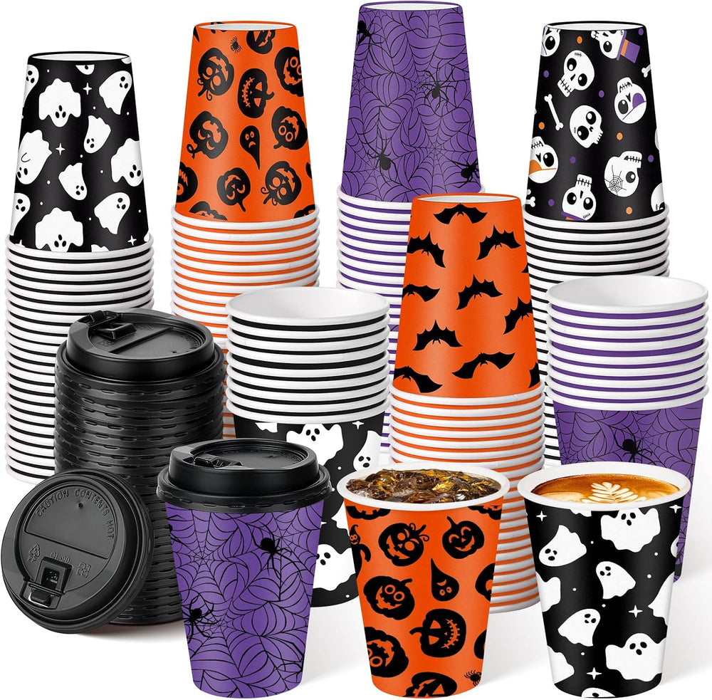 100 Set Halloween Disposable Coffee Cups with Lids 12oz, Bulk Black Orange Pu...