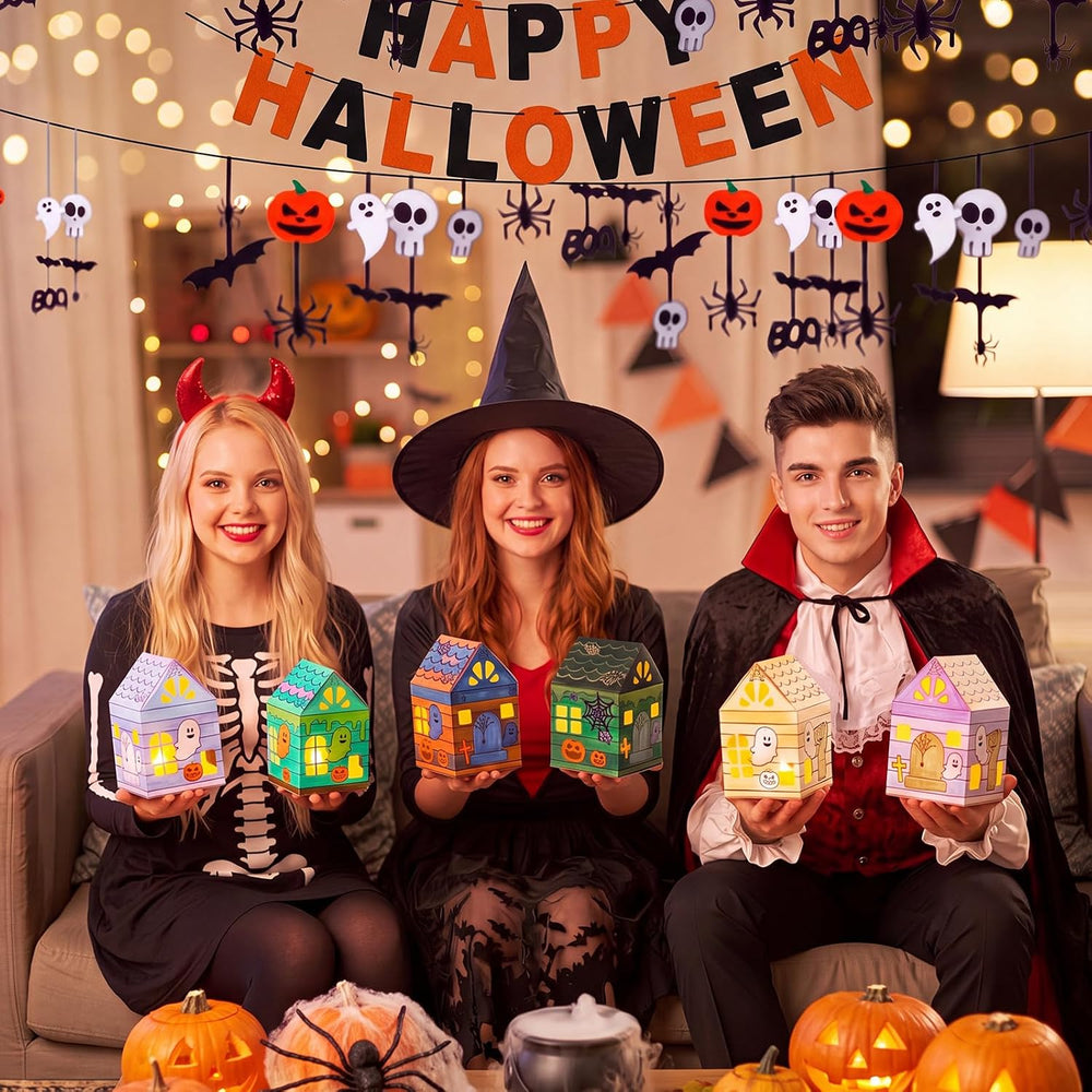 Glooglitter 36 Sets Halloween Lantern Craft Kit, DIY Paper Haunted House