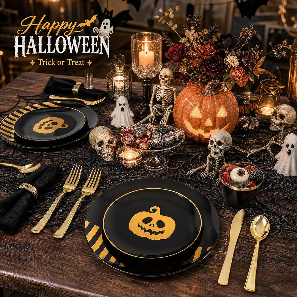 KIRE 25 Guest Halloween Plates Black Gold Plastic Plates Smiley Pumpkin inclu...