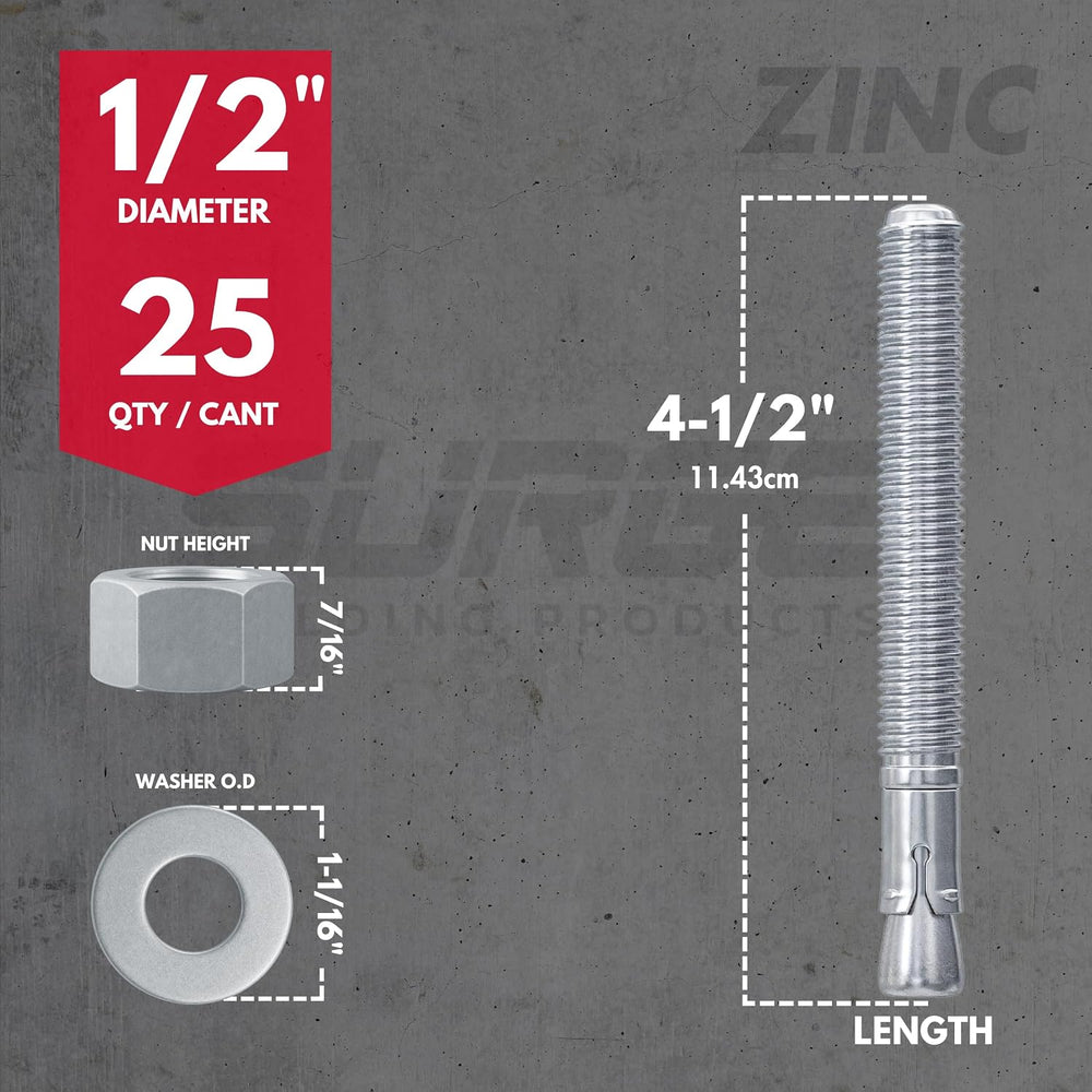 1/2" x 4-1/2" Zinc-Plated Wedge Anchors for Concrete & Cement (...