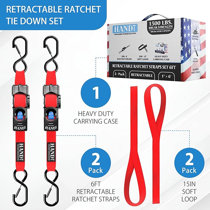 HandT USA Based Retractable Ratchet Straps 1in x 6ft (2PK)