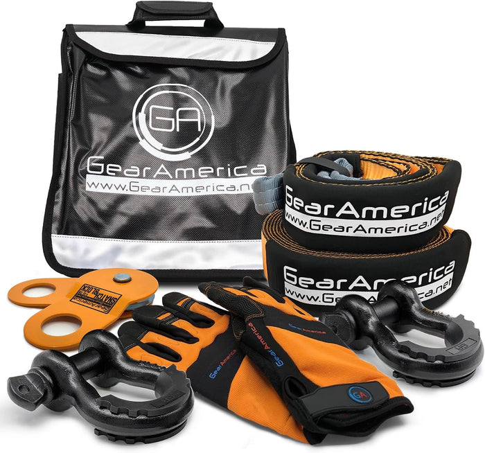 GearAmerica Off Road Recovery Kit, 9 Ton, Includes Tow Strap, Tree Saver, Snatch Block Pulley, D-Ring Shackles, Winch Line Dampener Bag, Gloves - Off Road Recovery Gear, 4x4, Black