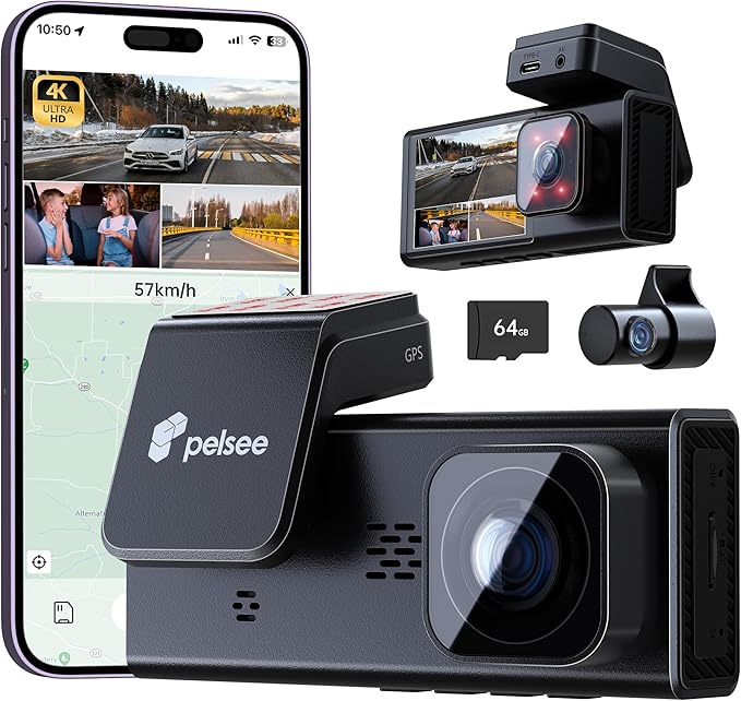 Pelsee 4K 3 Channel Dash Cam Front and Rear Inside, Dash Camera