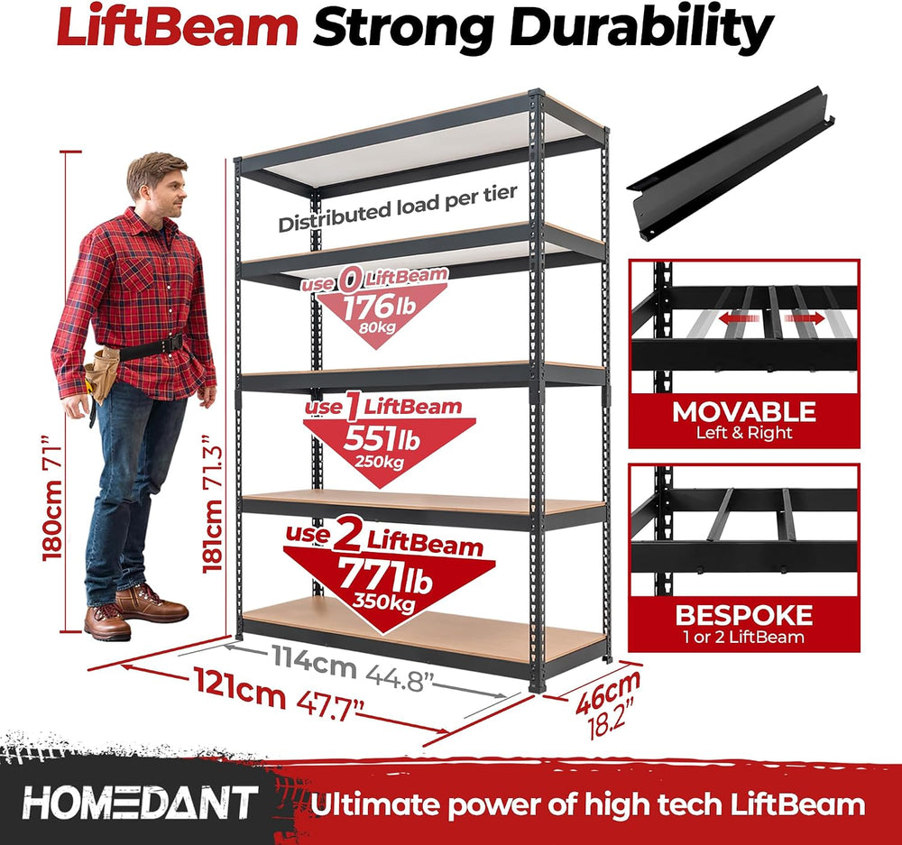 HOMEDANT Black 47.7" W 5 Tier Storage Shelves Garage Shelving Unit Metal