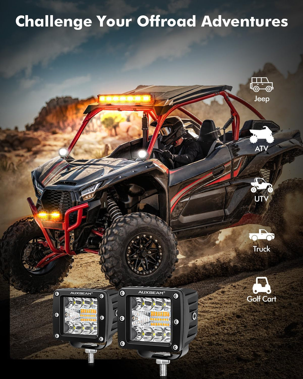 Auxbeam 6 Modes Amber White Series 3-Inch LED Cubes 72W Offroad Pod Lights