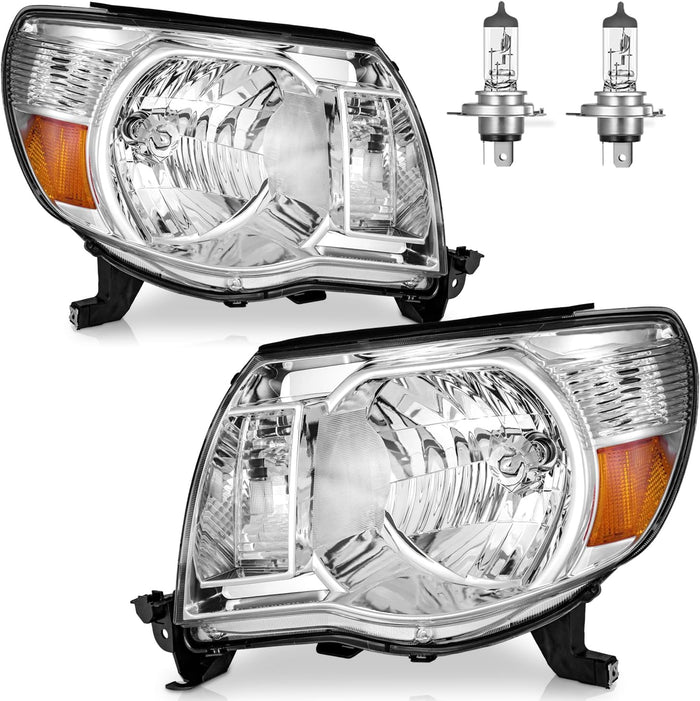 Headlights W/Bulbs for 2005 2006 2007 2008 2009 2010 2011 Toyota Tacoma Halogen Headlamp Replacement Driver & Passenger Side