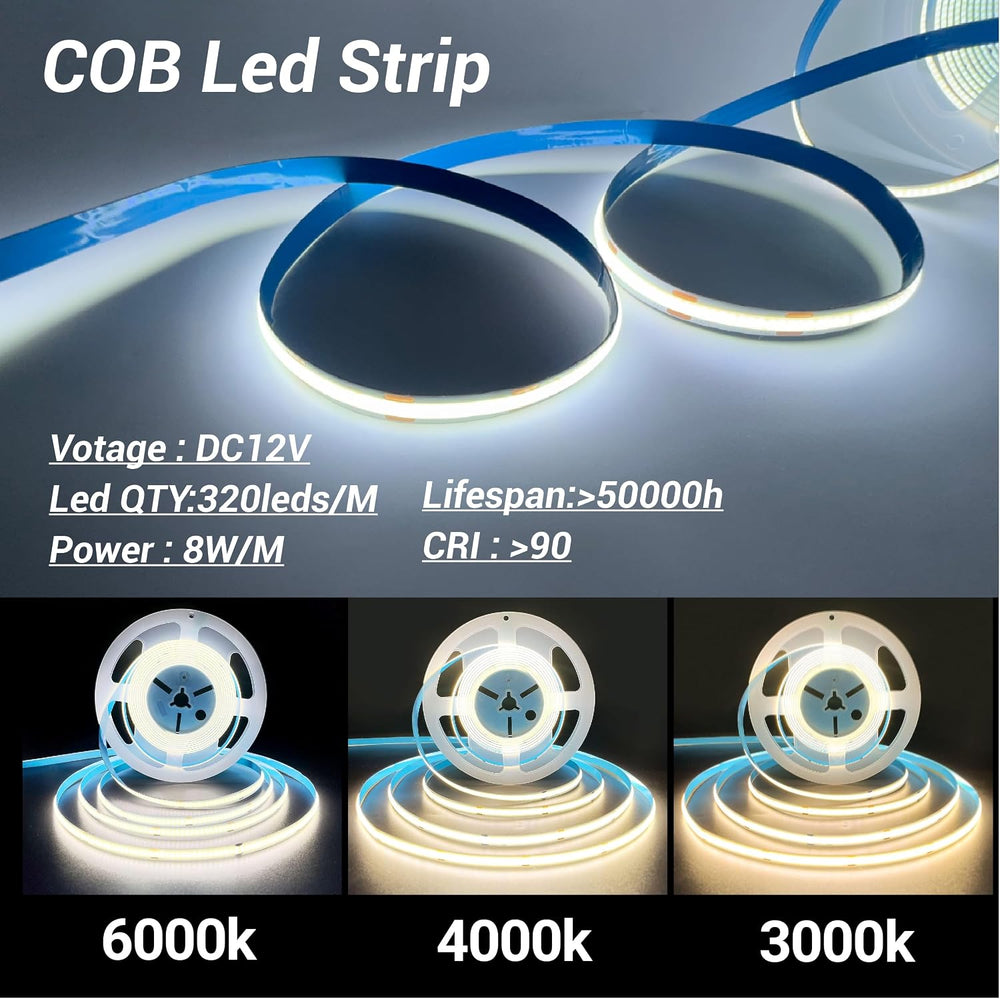 HAMRVL LED Shelf Lights, 12V 32.8ft COB LED Strip Lights Warm White 3000K
