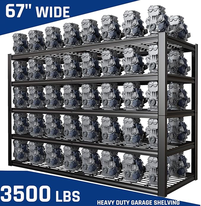 67" W Garage Shelving Heavy Duty, Adjustable 5 Tier Metal Shelves, Comme...