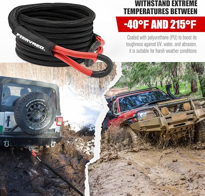 FieryRed Kinetic Energy Recovery Rope 30FT 7/8 Inch- Power Stretch Snatch Strap