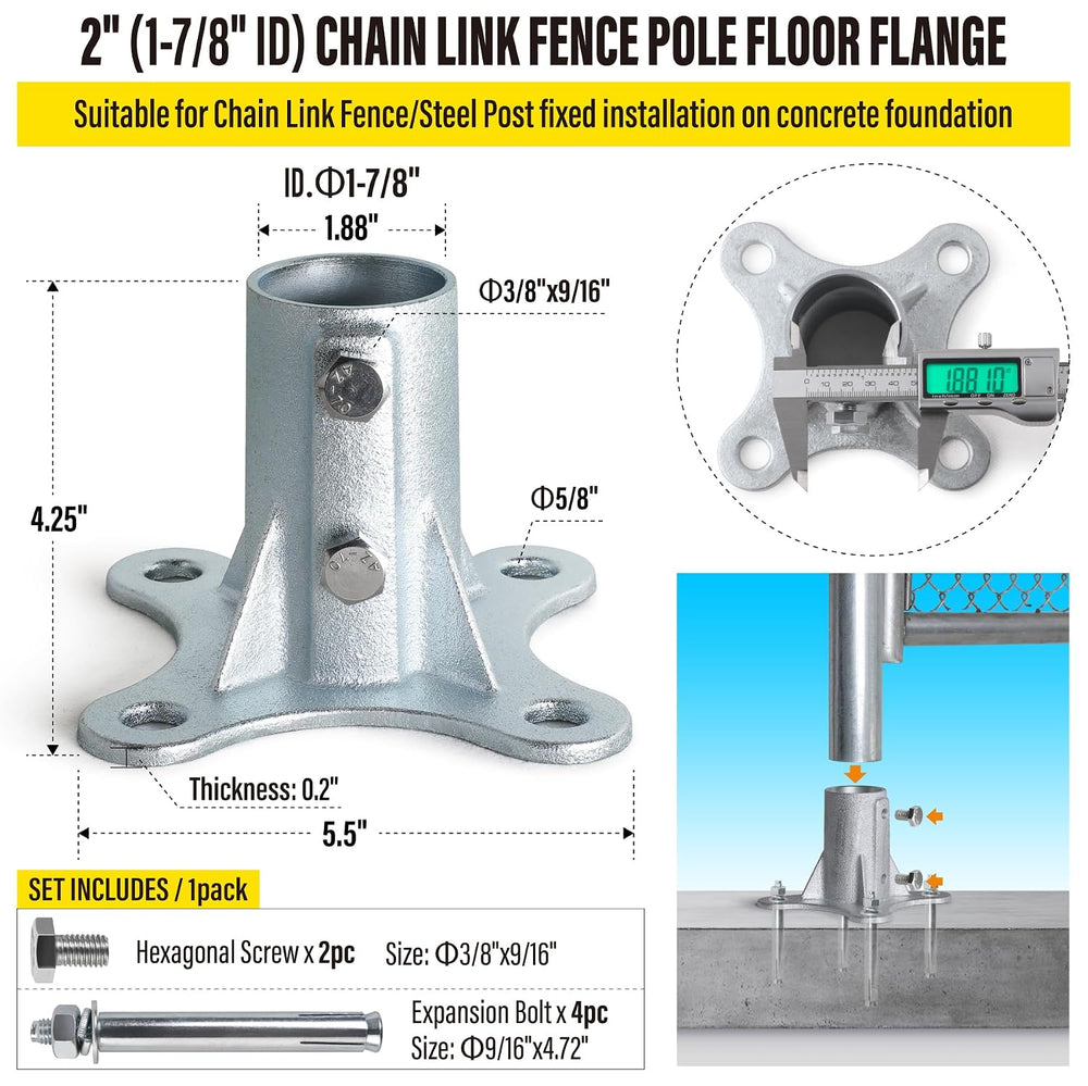 Post 2" (1 7/8" OD) Chain Link Fence Post Floor Flange Bracket, for...