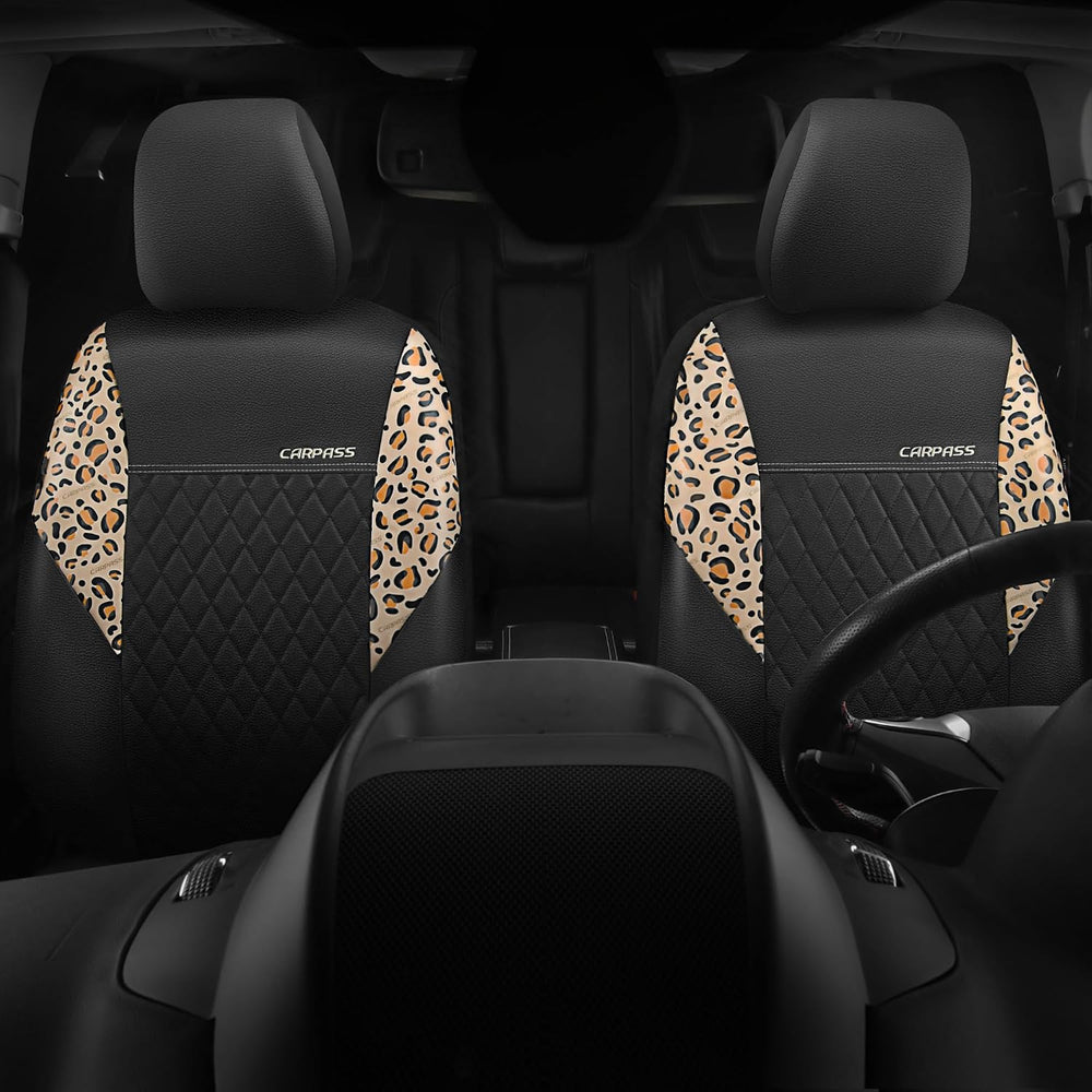 CAR PASS Leather Leopard Two Front Seat Cover Only, Universal Quilting Waterp...