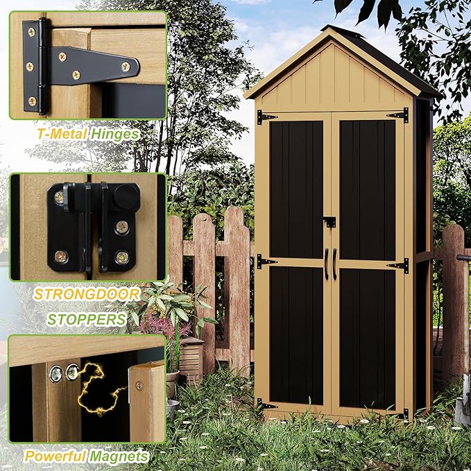 Outdoor Storage Cabinet with Shelf, Wood & Metal Storage Shed with Lockable