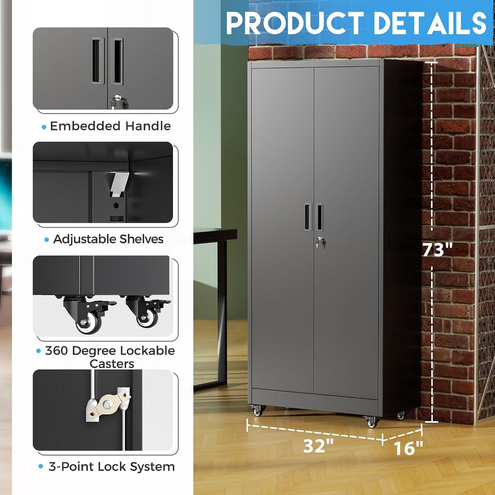 Greenvelly Metal Garage Storage Cabinet with 4 Swivel Wheels, 73" Black ...