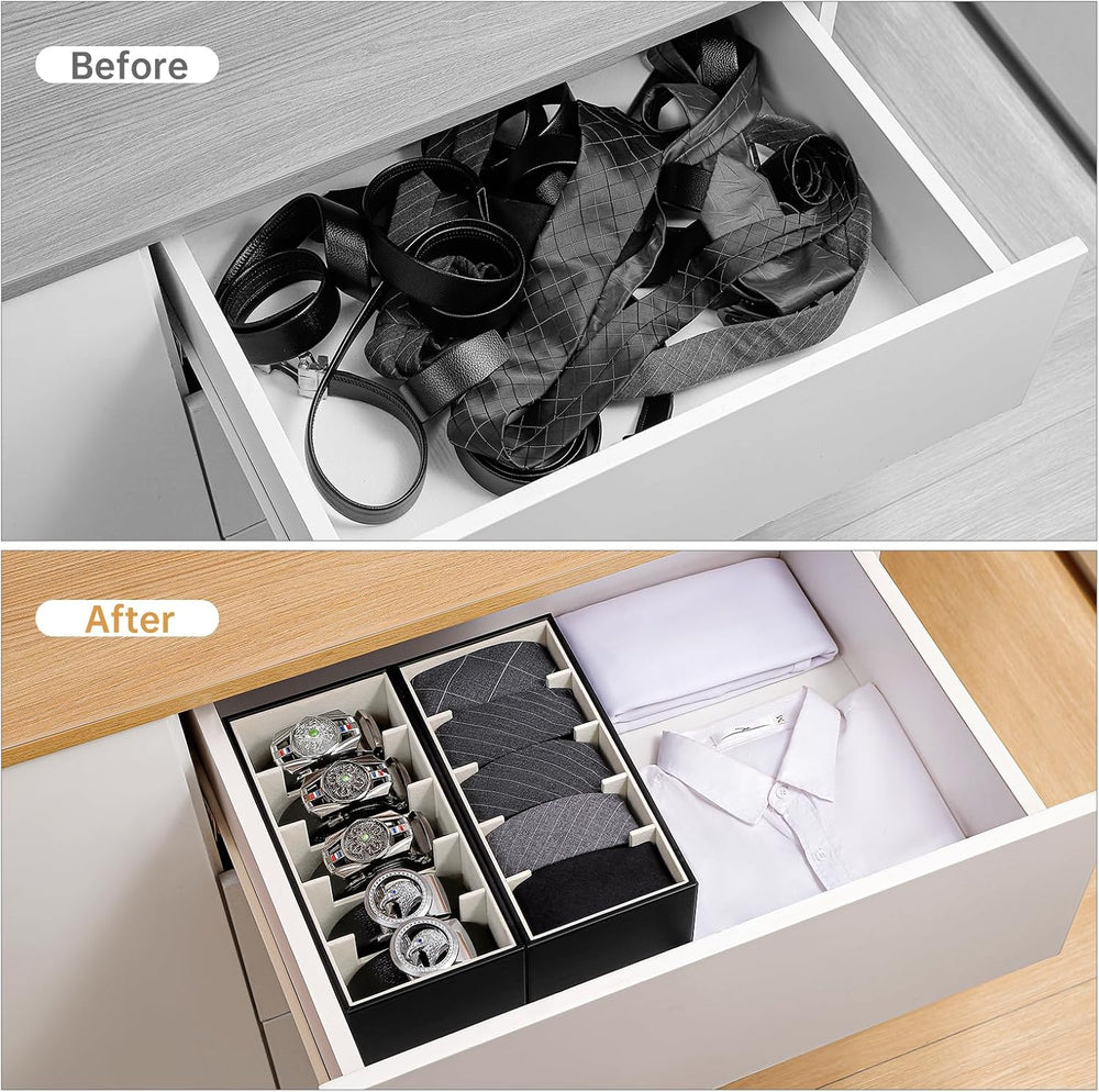 2 Packs Leathers Belt Organizer for Closet and Drawer, Stackable 5 Grids Dres...