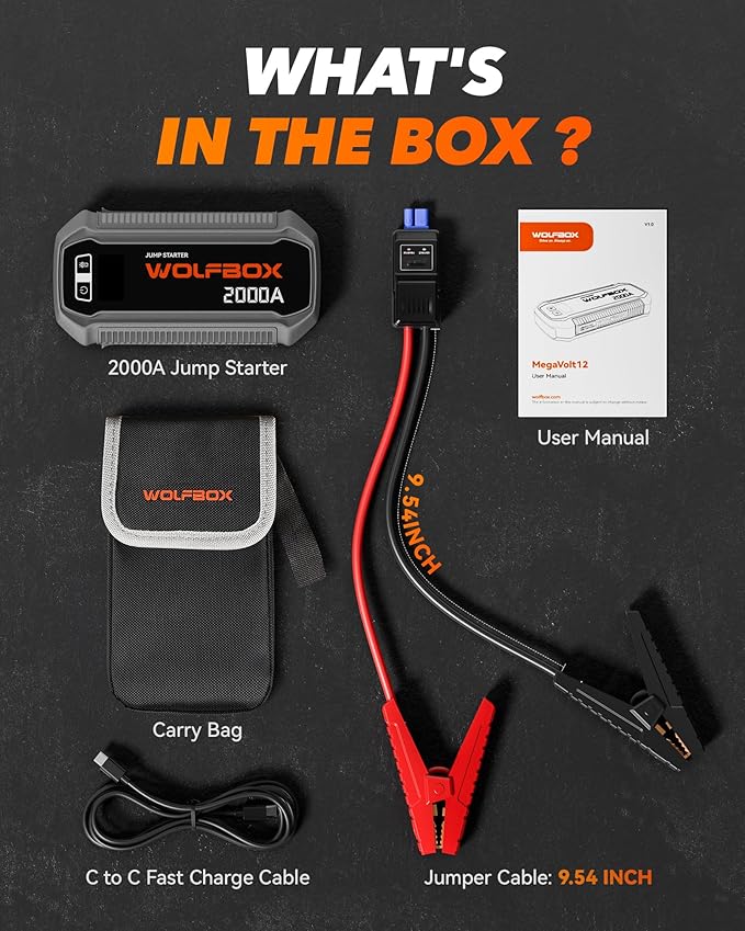 WOLFBOX 2000A Jump Starter, 12000mAh Battery Jumper Starter Portable