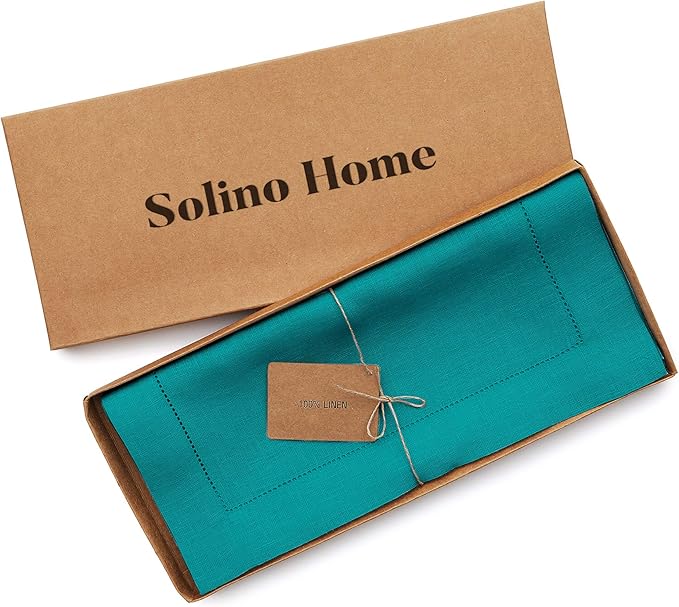 Solino Home Linen Teal Table Runner 72 Inches Long - 100% Pure Linen Hemstitc...