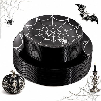 NOCCUR 60PCS Halloween Plastic Plates - 30 Black Dinner/Dessert Plates - Ideal for Halloween Party