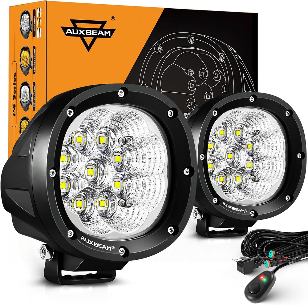 Auxbeam P4 Series Flood Beam LED Pods 4 Inch 90W Round Offroad Fog Lights (2-...
