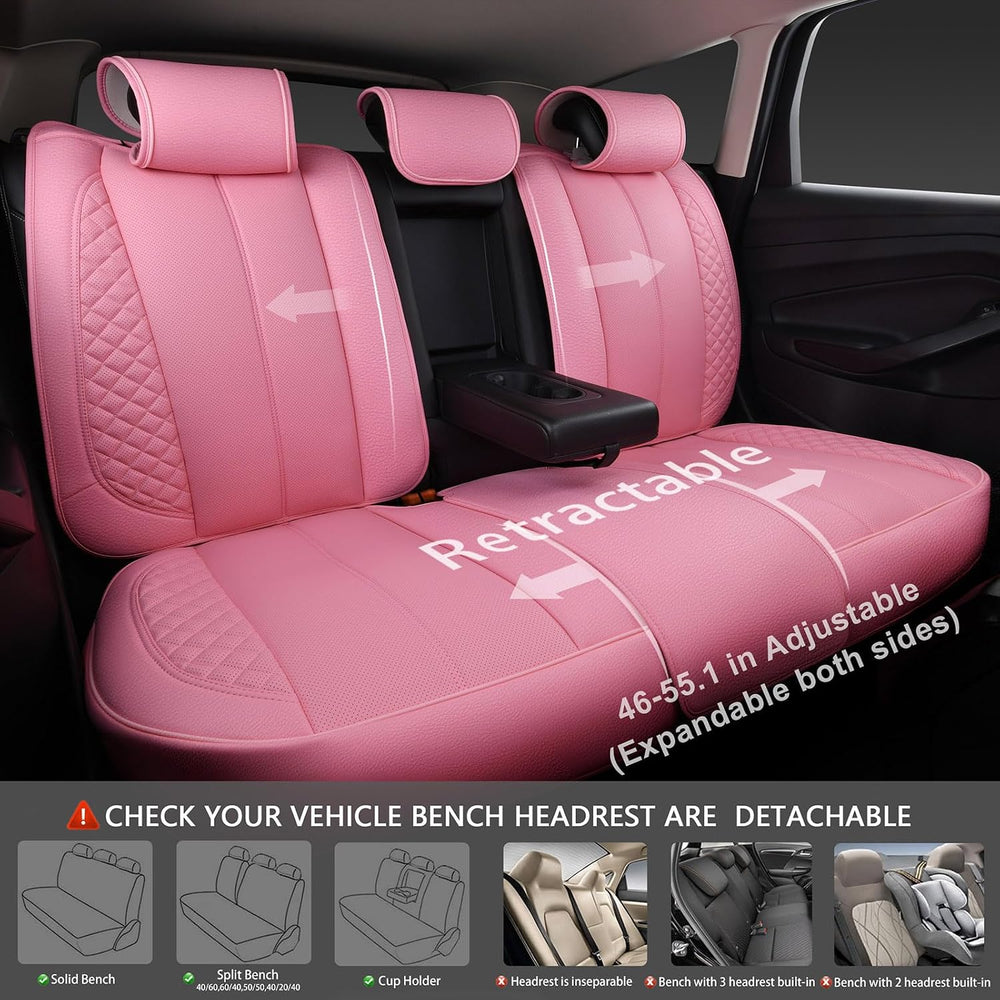 CAR PASS Nappa Pink PU Leather Car Seat Covers Full Set Cute for Women Waterp...