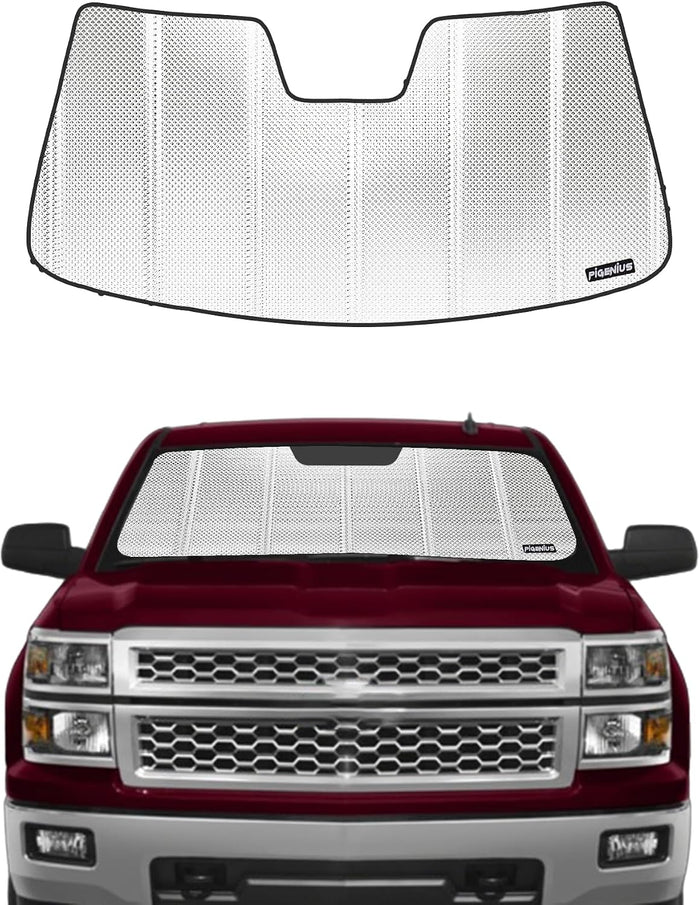 Pigenius Windshield Sun Shade for Chevrolet Silverado/GMC Sierra 1500/2500/3500 2007-2013. Reflective Aluminum Film Front Window Sunshade - BLAZBLOCK