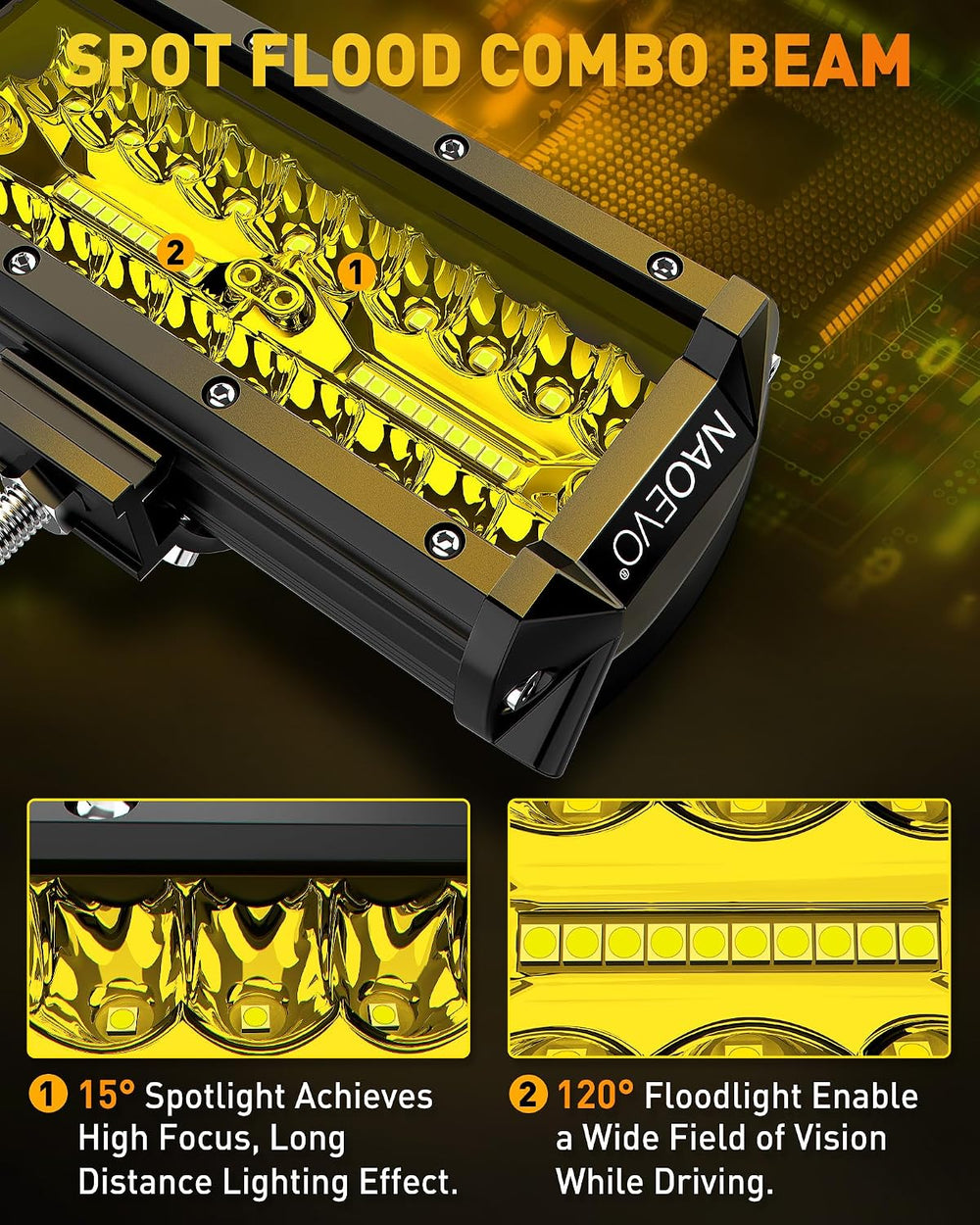 NAOEVO 7 Inch LED Light Bar, Yellow LED Pods/Fog Lights with 2-Lead Harness