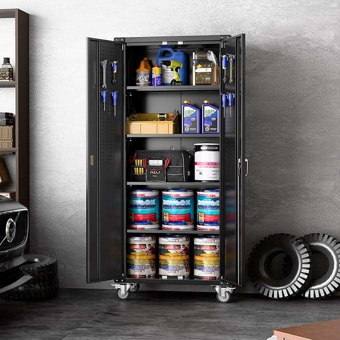Garage Storage Cabinet with Wheels & Pegboard, Assembly Required