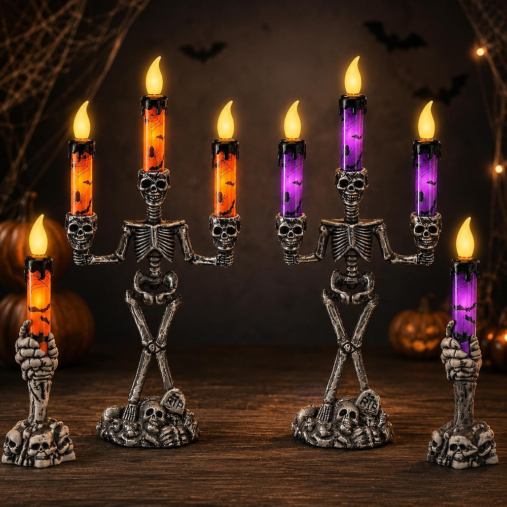 4Pcs Halloween Skeleton Candelabra LED Candle Light, Skull Candelabra Decor